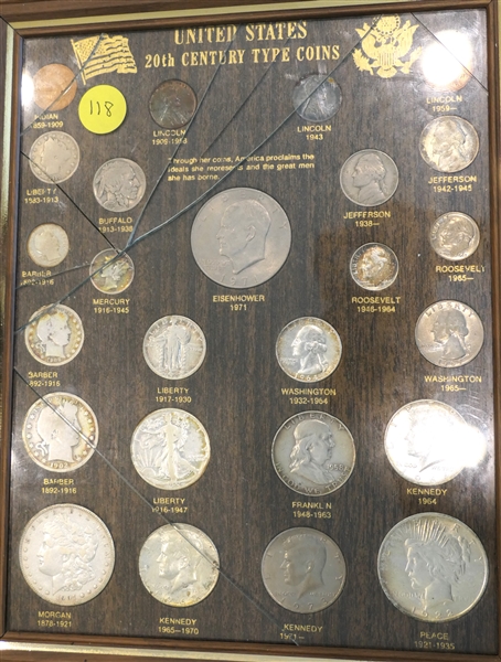 United States 20th Century Type Coins - Framed Coin Display with Examples of American Coins including  Silver Dollars 1901 Morgan &1922 Peace, 1971 Eisenhower, 4 Silver Half Dollars, 3 Silver...