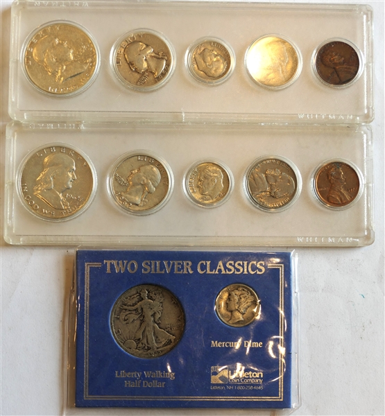 3 Coin Sets - "Two Silver Classics" Liberty Walking Half - 1935 and 1942 Mercury Dime. 1952 Set - Silver Half, Silver Quarter, Silver Dime, Nickel, and Penny. And 1962 Set - Silver Half, Silver...