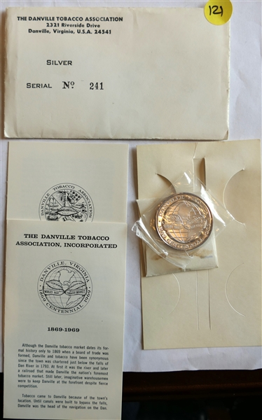 The Danville Tobacco Association - Danville Virginia Centennial Celebration  - Silver Coin - Number 241 - .999 Fine Silver One Troy Ounce in Original Numbered Envelope with Tobacco Market Information 