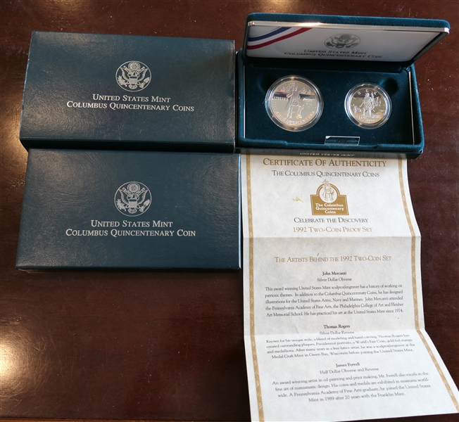 United States Mint "Columbus Quincentenary Coin - 1992 Two Coin Proof Set Celebrating 500 Years Since the Discovery of The New World- Silver Dollar and Silver Half Dollar in Fitted Velvet Case -...