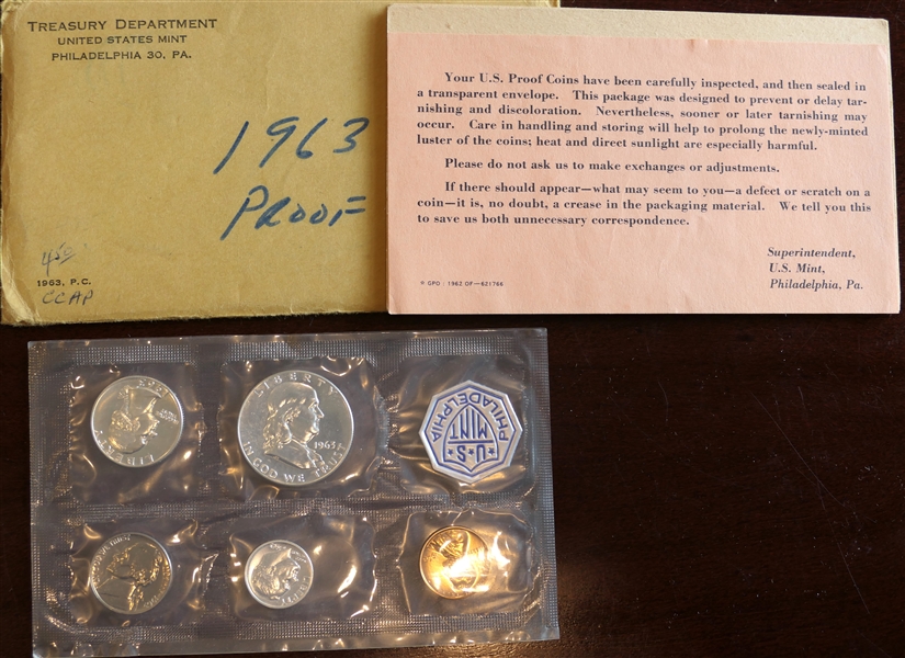 1963 United States Mint - Philadelphia Proof Set including Silver Franklin Half, Silver Washington Quarter, Silver Dime, Nickel, and Penny 