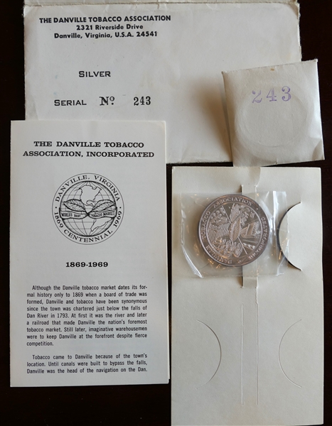 The Danville Tobacco Association - Danville Virginia Centennial Celebration  - Silver Coin - Number 243 - .999 Fine Silver One Troy Ounce in Original Numbered Envelope with Tobacco Market Information 