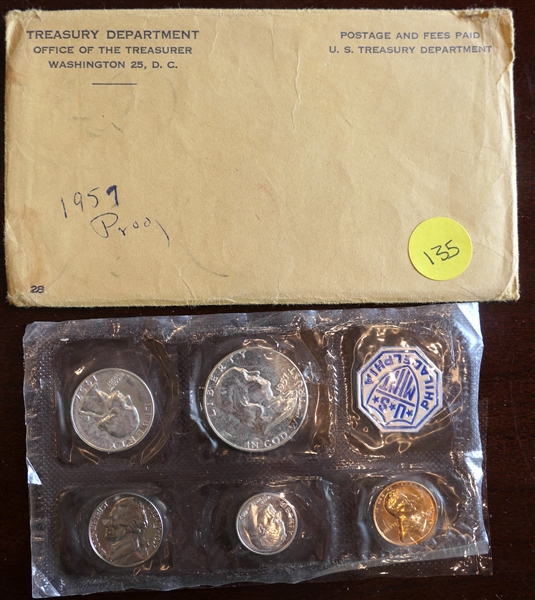 1957 Treasury Department US Mint Philadelphia Proof Set - 1957 Silver Half, Silver Quarter, Silver Dime, Nickel, and Penny