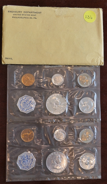 2 -1961 Treasury Department US Mint Philadelphia Mint Sets - 2 Silver Half Dollars, 2 Silver Quarters, 2 Silver Dimes, 2 Nickels, and 2 Pennies