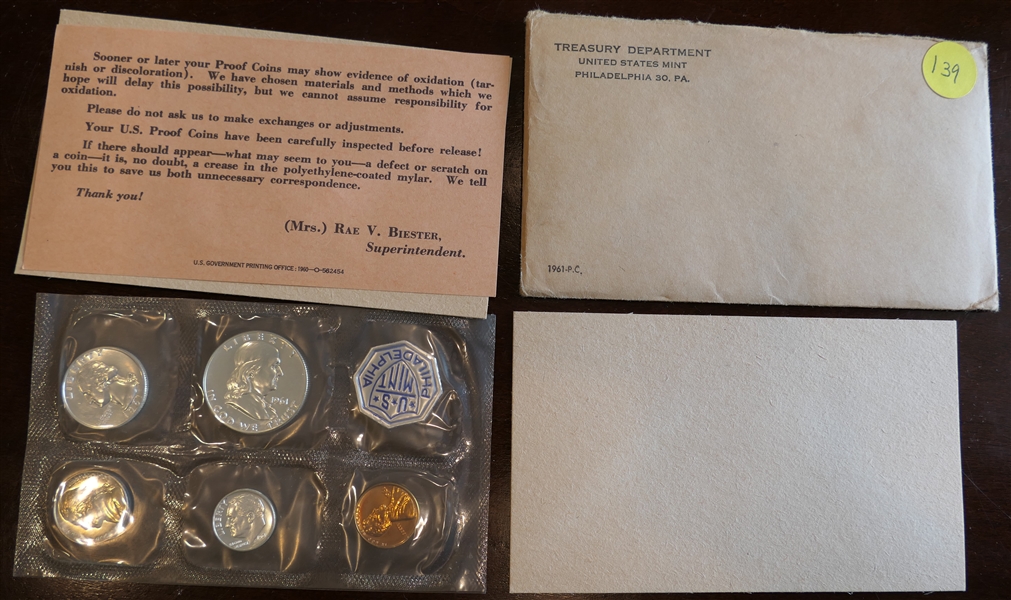 1961 Treasury Department U.S. Mint Philadelphia Coin Set - Silver Half, Silver, Quarter, Silver Dime, Nickel, and Penny