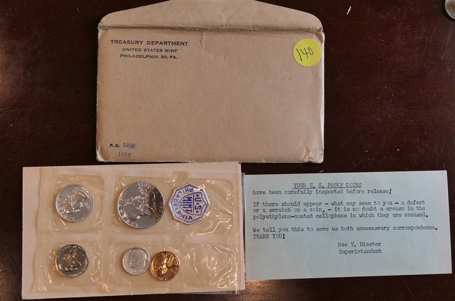 1958 Treasury Department U.S. Mint Philadelphia Mint Coin Set - Silver Half, Silver Quarter, Silver Dime, Nickel, and Penny