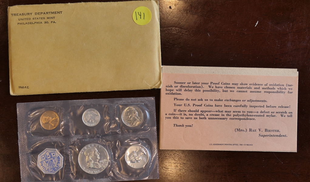 1960 Treasury Department U.S. Mint Philadelphia Mint Coin Set - Silver Half, Silver Quarter, Silver Dime, Nickel , and Penny