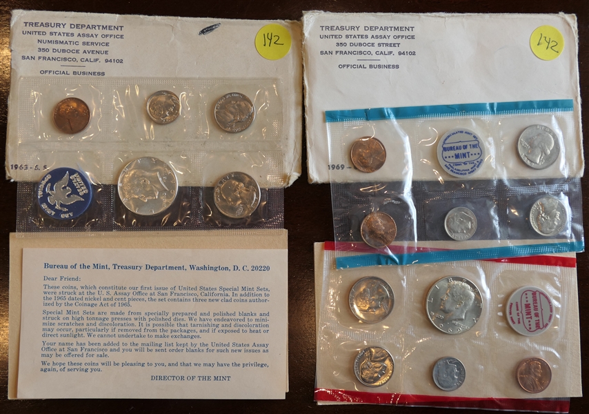 2 Treasury Department Mint Sets - 1965 Unites States Assay Office San Francisco Special Mint Set and 1969 Uncirculated Mint Set - With Philadelphia and Denver Sets