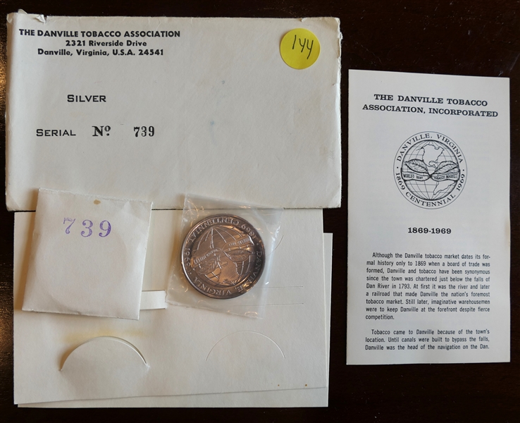 The Danville Tobacco Association - Danville Virginia Centennial Celebration  - Silver Coin - Number 739 - .999 Fine Silver One Troy Ounce in Original Numbered Envelope with Tobacco Market Information 