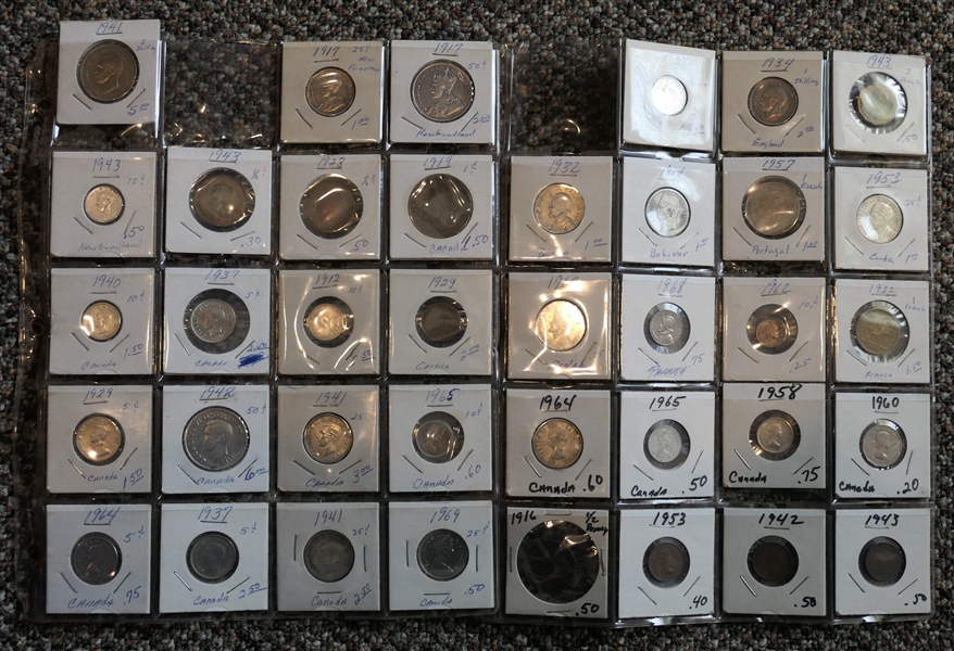 38 Foreign Coins - Identified and In Cardboard Holders - Canada, Panama, Bolivia, and Newfoundland