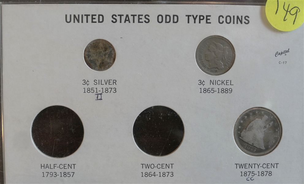 United States Odd Type Coins Hard Display with 1858 Silver 3 Cent, 1872 3 Cent Nickel, and 1875 CC (Carson City) Twenty Cent Coin 