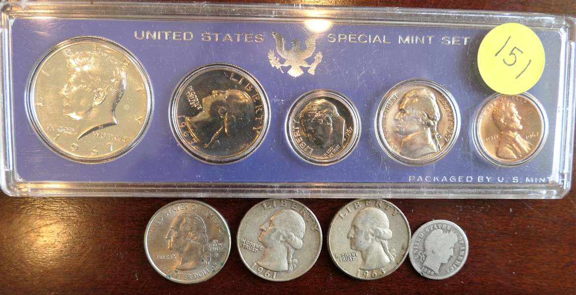 1967 United States Special Mint Set, 2 Silver Quarters, 1908 O Silver Barber Dime, and 2000 Quarter 