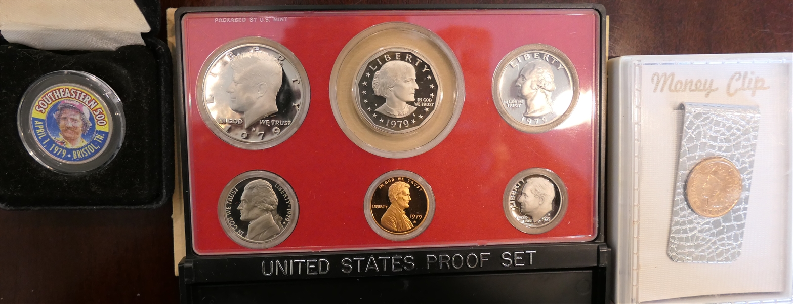 1979 United States Proof Set, Southeastern 500 - April 1, 1979 Dale Earnhardt Colorized Quarter, and Money Clip with Attached 1896 Indian Head Penny 