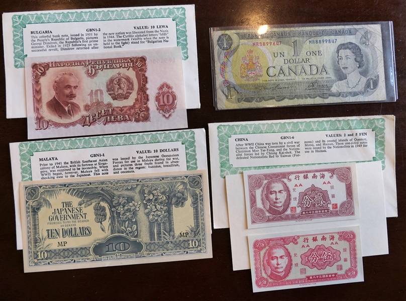 Foreign Paper Money including Chinese Graded Bills, Malaya  - Japanese Graded Bill, Canada, and Bulgaria Graded Bill 