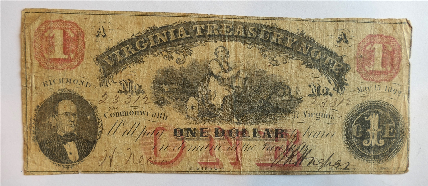 Virginia Treasury Note One Dollar - Richmond Virginia May 15, 1862 - Number 23312 - Confederate Currency 