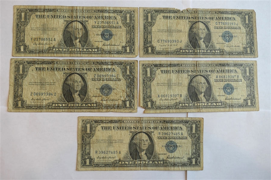 5 -United States of America Blue Seal One Dollar Silver Certificates - Series 1935 G, 1935 F, and 3 - 1957