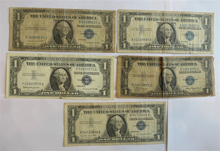 5 - United States of America Blue Seal  One Dollar Silver Certificates - Series 1935 A, 1935 G, 2 - 1957 A, and 1957 B