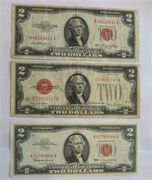 3 - United States Red Seal Two Dollar Bills - Series 1928 G, Series 1963, and Series 1953