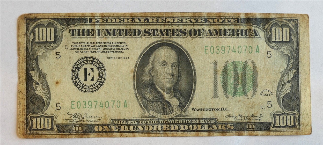 United States 1934 A $100 Bill - 5 in Corners