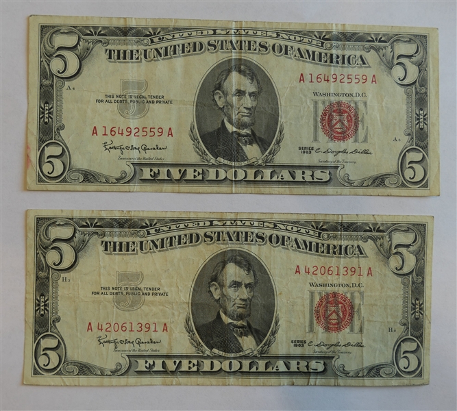 2 - United States Red Seal 5 Dollar Bills - Both 1963 Series 