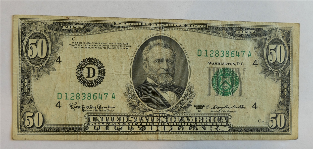 1950 D Series United States $50 Dollar Bill - Green Seal  