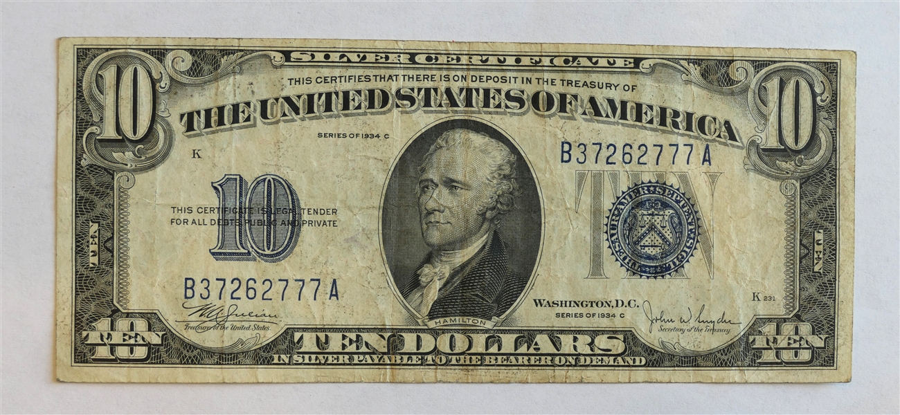 Blue Seal $10 Dollar Bill - Series of 1934 C 