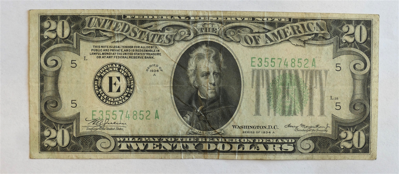 1934 A United Stated $20 Dollar Bill - Green Seal 