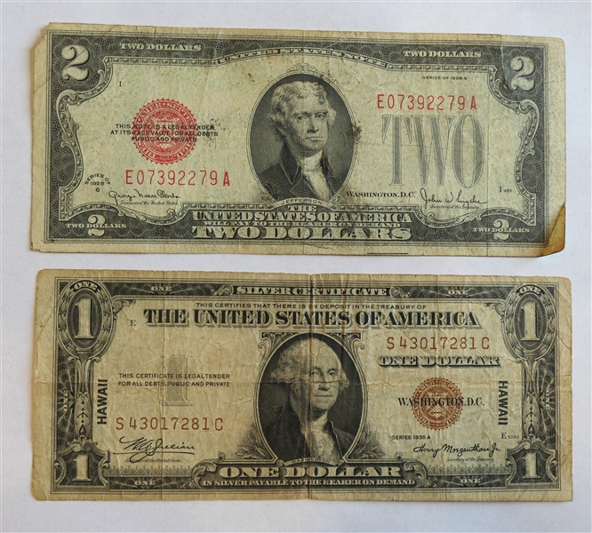 Red Seal $2 Dollar Bill - Series 1928 G and Red Seal $1 Dollar Bill - Series 1935A - with Hawaii Stamped on Left and Right Sides, Also Large Across Back 