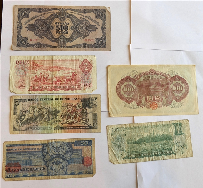 6 Foreign Paper Bills - Canada, China, Honduras, Budapest 1945, and Mexico 