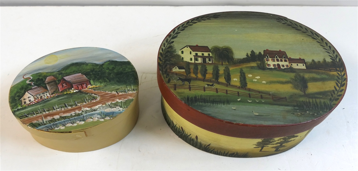 2 Hand Painted Shaker Style Folk Art Pantry Boxes - Larger by Jeanie Marston Ector 1982 - With Farm House and Pasture Scene Smaller "A Scene in the Hills of Mendham" by Jan Schurter 1985 - Largest...