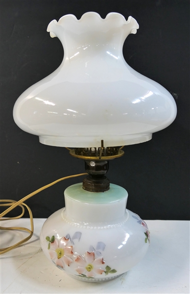 Cosmos Embossed Milk Glass Oil Lamp with Milk Glass Shade - Converted to Electric But Not Drilled - Lamp Measures 15" Tall 