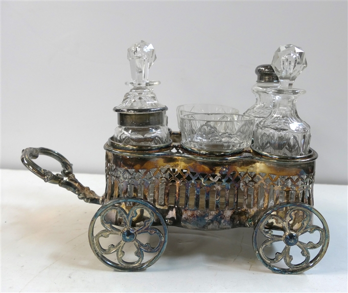 Fine Silverplate Condiment Wagon - Wagon with Cut Glass Condiment Bottles - 2 Cruets, Lidded Jar with Sterling Silver Band, and Bottle with Shaker Top - Wagon Has Wooden Bottom - Wheels Rollin -...