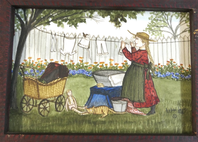 "Little Mother Washing Dollies Clothes" Print by Bobbi Becker in Hand Painted Folk Art Style Frame - Frame Measures 7 1/2" By 9 1/2"