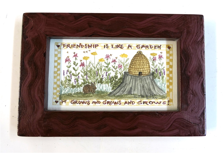 "Friendship Is Like A Garden - It Grows and Grows" Print by Bobbi Becker Framed in Hand Panted Folk Art Style Frame - Frame Measures 5 1/4" by 7 3/4" 