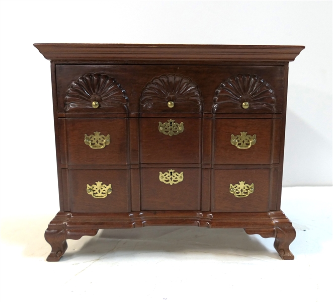 Miniature Chippendale Style Chest - 3 Red Satin Lined Drawers - Chest Measures 6" Tall 7" by 4" 