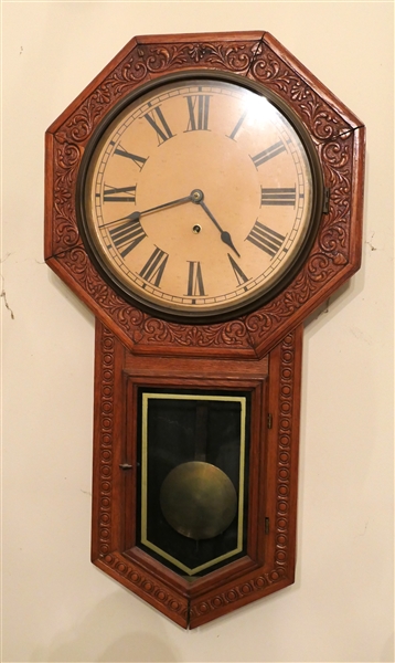 Fancy Oak Wall Clock with Key and Pendulum - Clock Case Measures 32" by 17 1/2"