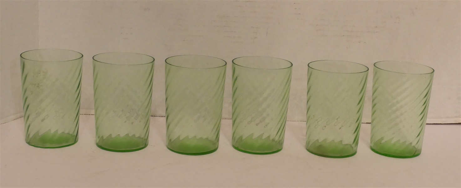 6 - Green Depression Swirl Juice Glasses - Each Glass Measures 4" Tall 