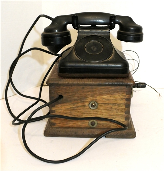 1940s Desk Telephone with Oak Box with Bells and Works - Box Measures - 5" tall 9 1/2" by 7 3/4" 