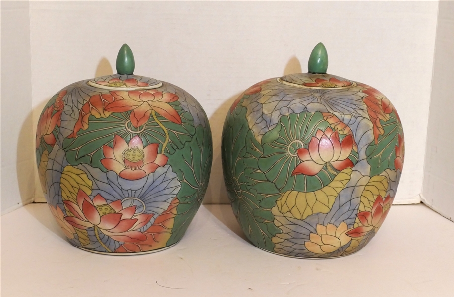 Pair of Chinese Lotus Blossom Ginger Jars with Lids - Each Measures 10" Tall 