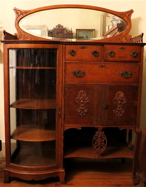 Unusual Fine 1920s Quarter Sawn Oak Buffet China Cabinet with Bowed Glass China Cabinet to Left, Right with 2 Drawers and Double Blind Cabinet Doors - Top Serving Surface with Pierced Gallery -...