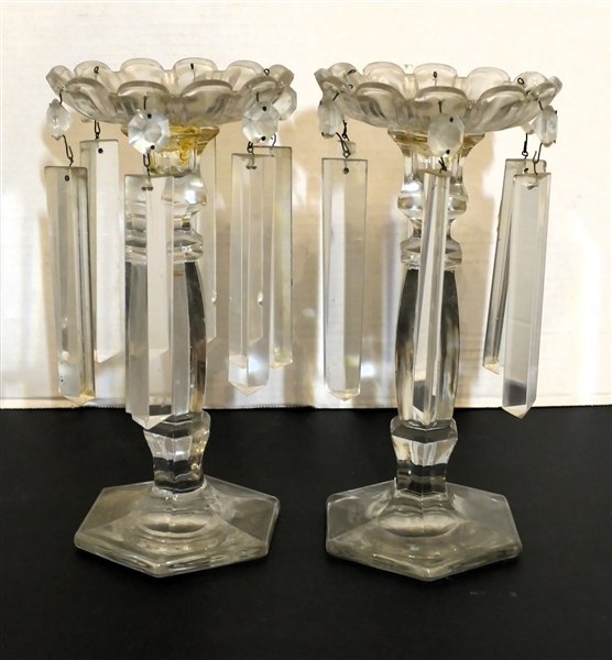 Pair of Beautiful Crystal Candle Stick with Large Coffin Shaped Crystals - Each Candle Stick Measures 10" Tall Cups Measure 5" Across