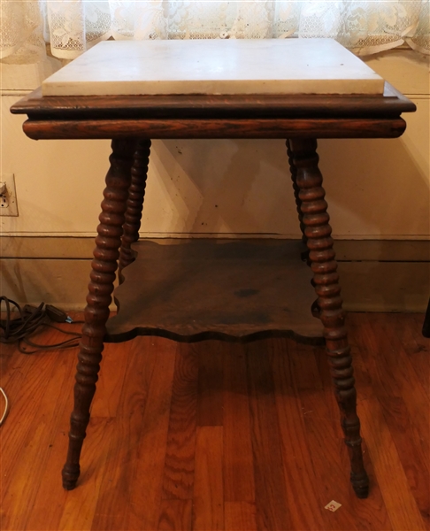 Oak Center Table with Added Square Marble Top - Jenny Lind Turned Legs - Table Measures 29" tall 22" by 22"  - Marble Measures 19" by 19" 