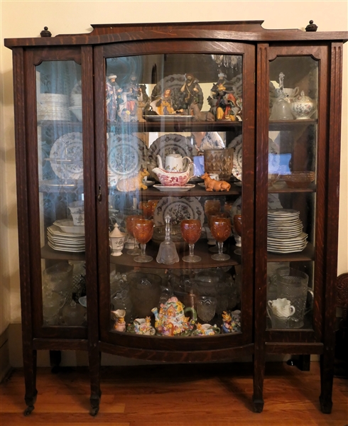 1930s Quarter Sawn Oak China Cabinet with Bowed Front Center Door -3 Curved Shelved Inside - Overall Measures 68 1/2" Tall 53" by 17"  Center Has Been Replaced with Plexiglass - One Side Missing...