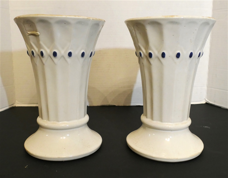 Pair of White McCoy USA Mantel with Blue Dots - Vases Each Measure 9" Tall 6" Across Top - 1 Vase Has Crack 