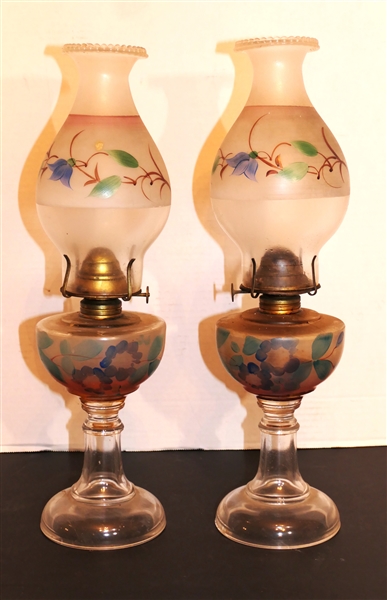 Pair of Number 1 Burner Hand Painted Oil Lamps with Floral Fonts and Chimneys -Each Lamp Measures 16" 