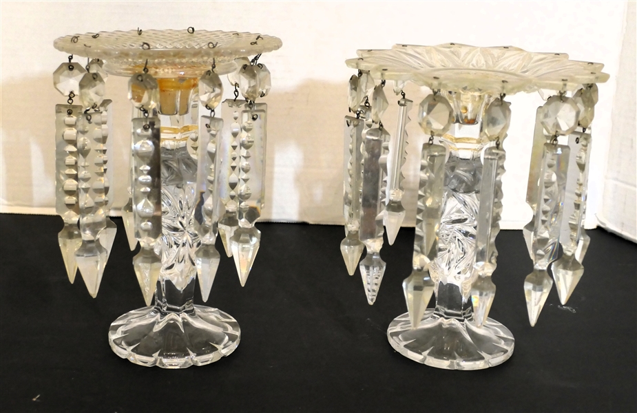 Pair of Early American Press Glass Candlestick with Large Prisms - Tops are Similar - Not Exact Matches - Each Candle Stick Measures 7 1/2" tall 