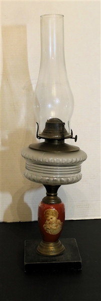 Victorian Oil Lamp with Cherub on Pedestal - Black Base - Lamp Measures 12" To Burner