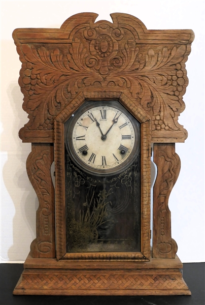 Sessions Oak Mantle Clock with Fancy Pendulum - Gold Decorated Door -Chimes Inside -Carved Flowers, Scrolls, and Leaves on Case - Clock Measures 23" Tall 