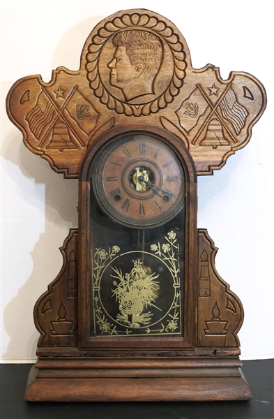 John F. Kennedy Commemorative Mantle Clock with Press Carved Kennedy, Flags, and Candles -  Ingraham Movements - Case Measures 25" Tall 