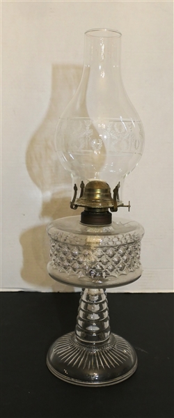 Late 1800s Oil Lamp with Unusual Font - Ringed Pedestal - Laurel Leaf Chimney - Lamp Measures 19" Tall 